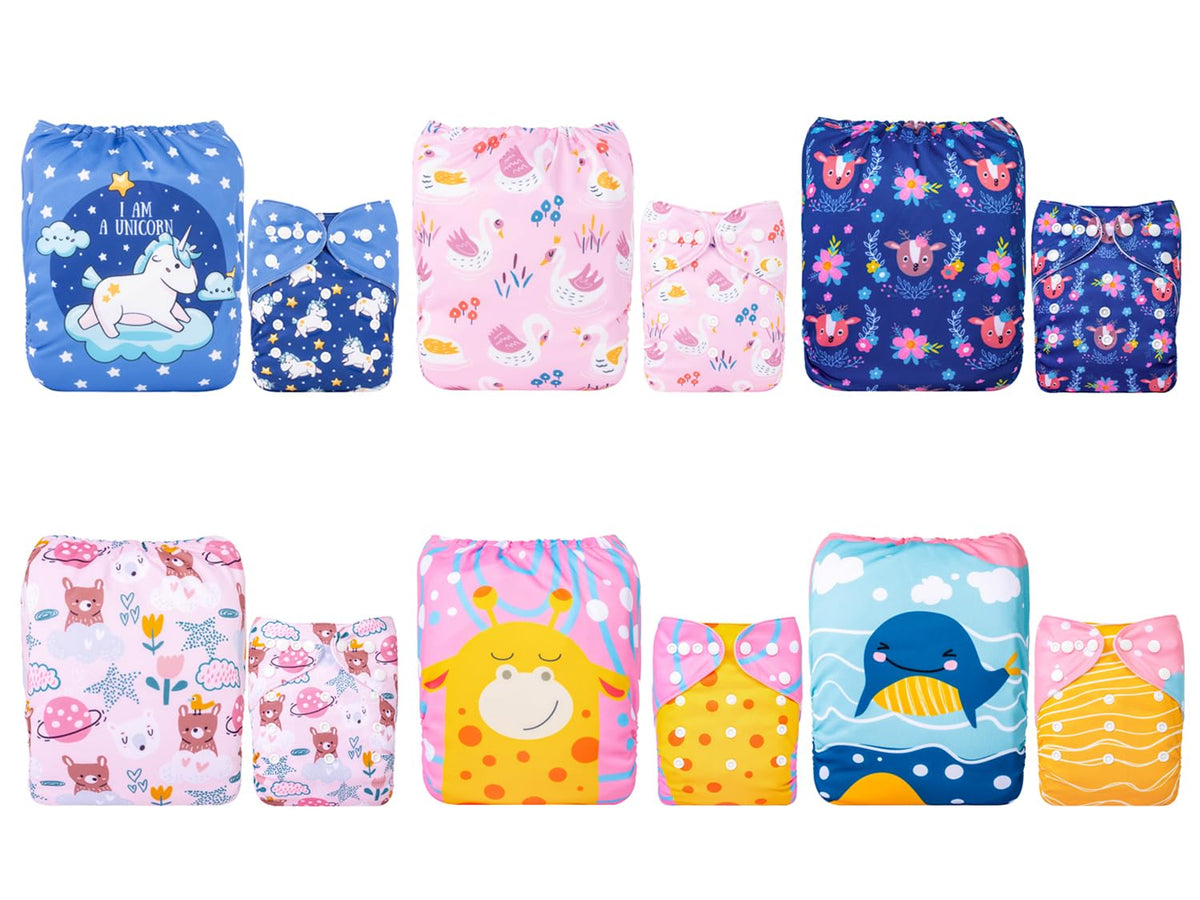 ALVABABY 6-pack cloth diapers with adjustable snaps for a secure fit.