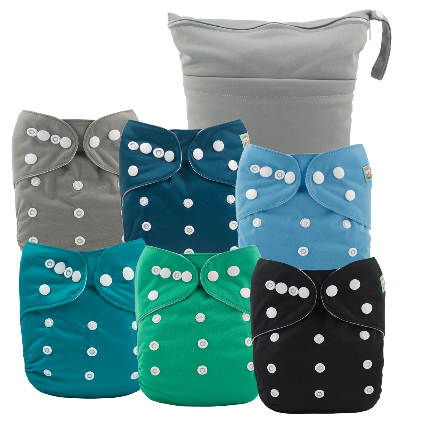 ALVABABY 6-pack cloth diaper covers front view with adjustable snaps for a snug fit.