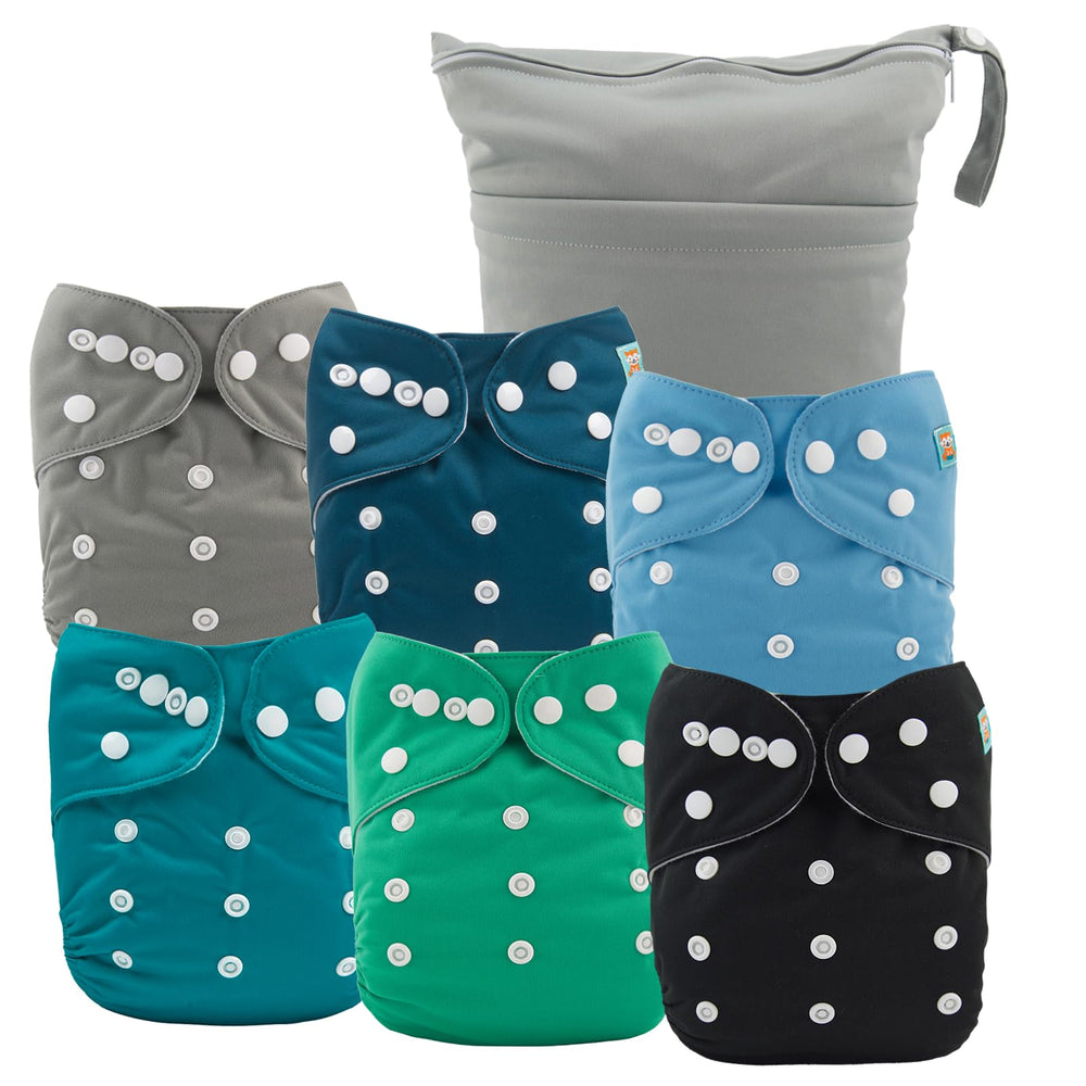 ALVABABY 6-pack cloth diaper covers front view with adjustable snaps for a snug fit.