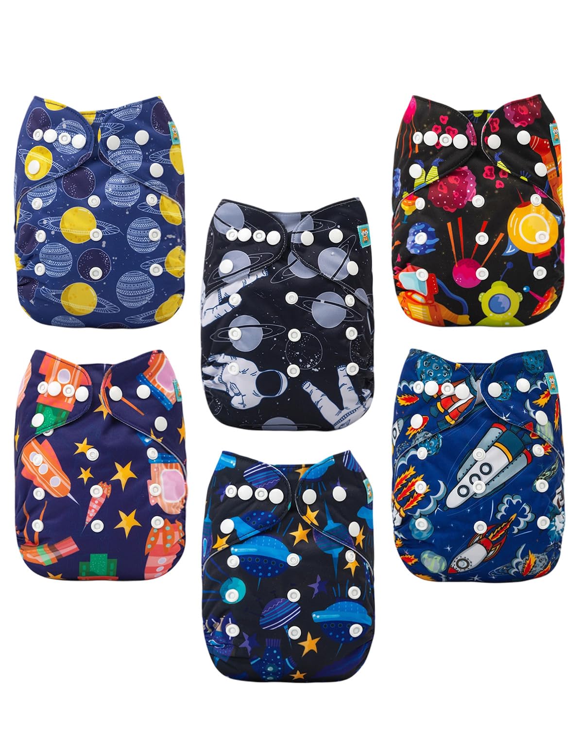 ALVABABY six-pack cloth diaper set shows six diapers and twelve inserts for reuse