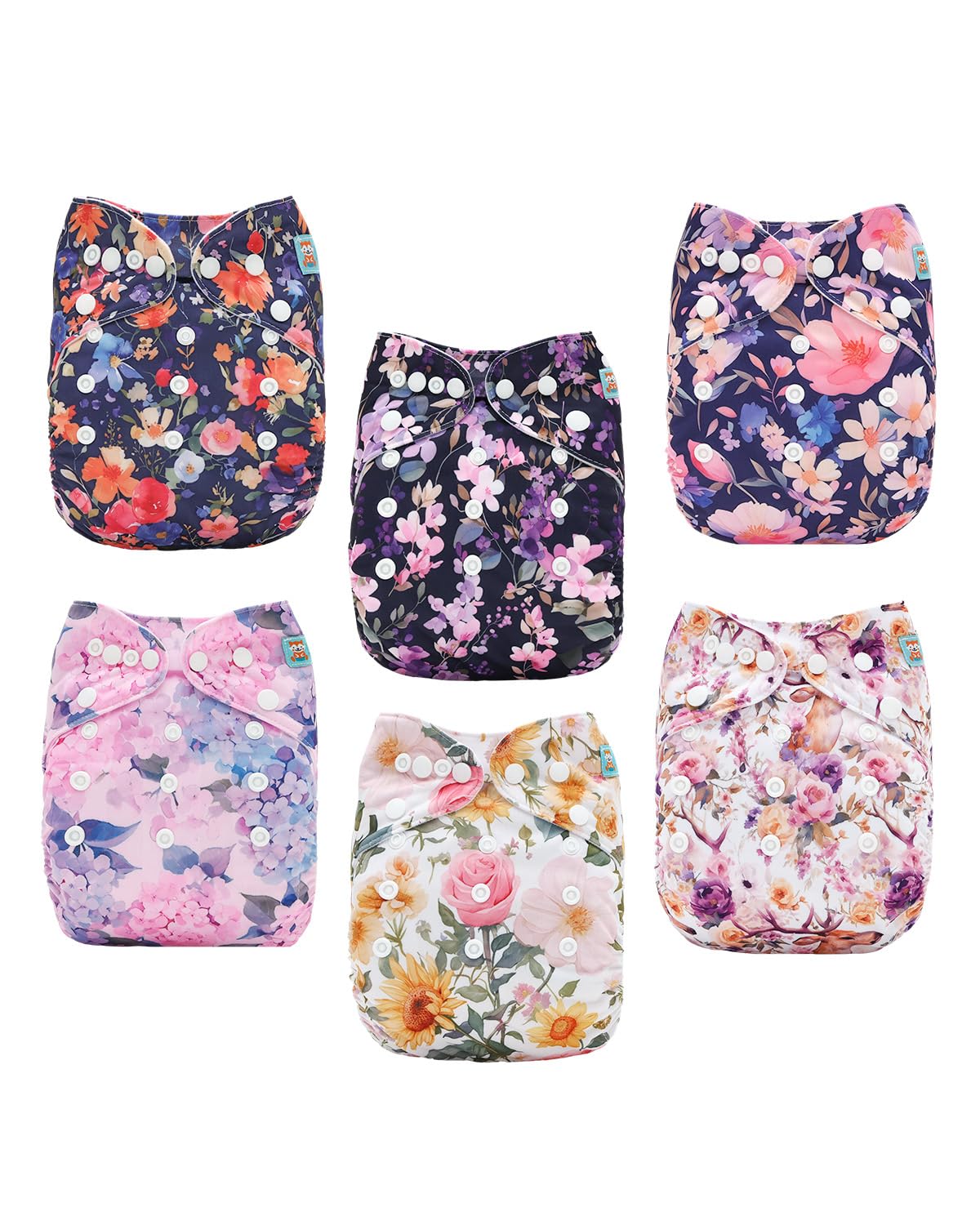ALVABABY 6-pack cloth diapers with adjustable snaps for growing babies.