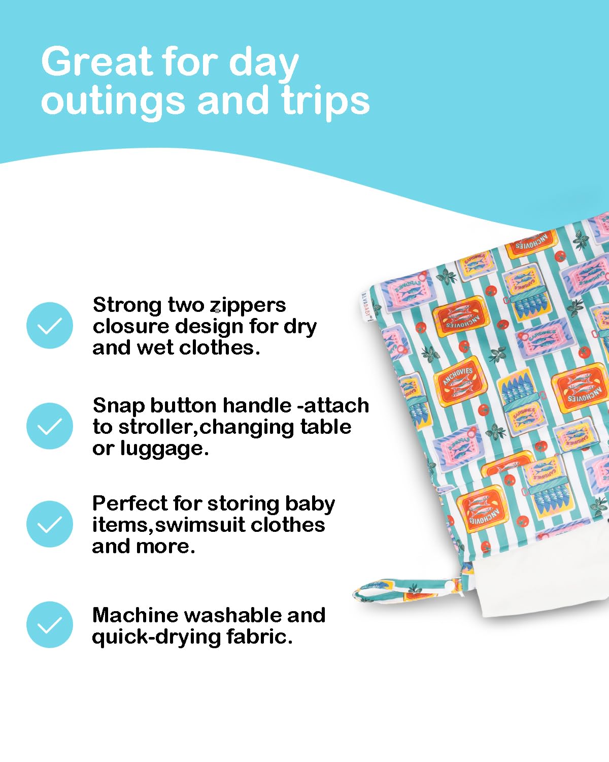 ALVABABY 30x36 cm bag fits 5–7 cloth diapers for daycare or trips.