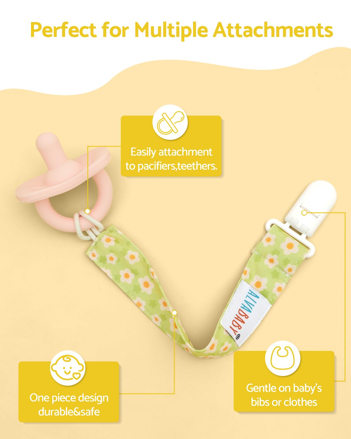 ALVABABY binky clip holder with soft nylon strap secures pacifiers safely