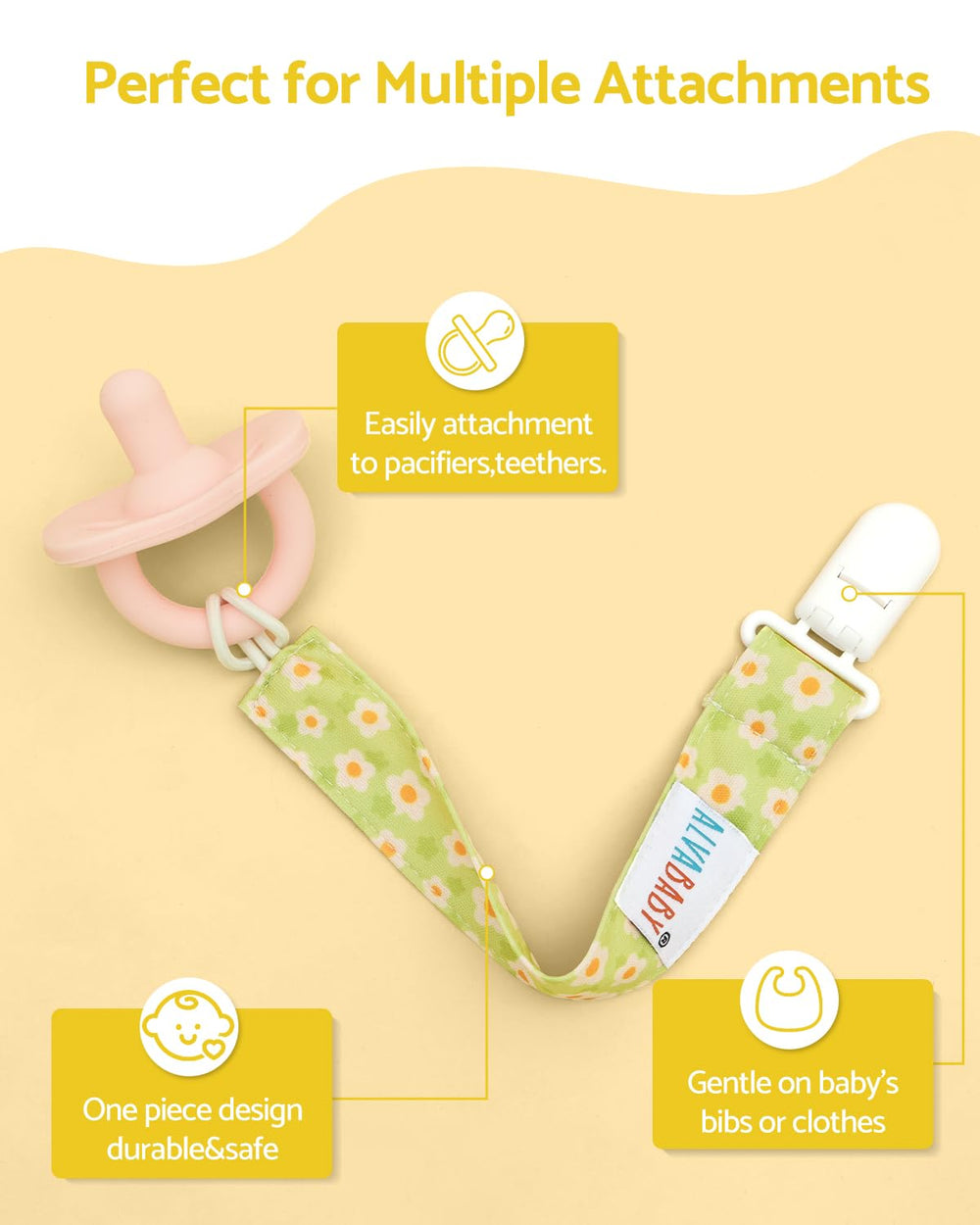 ALVABABY binky clip holder with soft nylon strap secures pacifiers safely