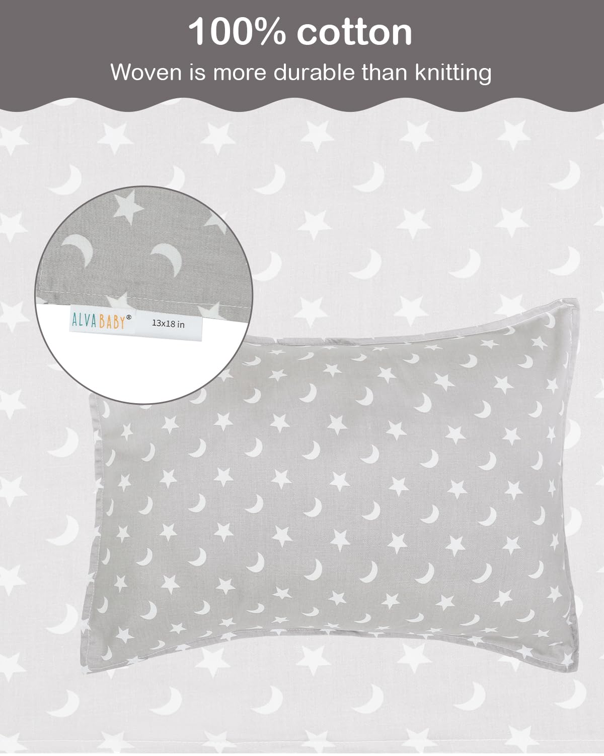 ALVABABY pillowcase fits 13x18 or 12x16 pillows, perfect for travel and nap-time comfort.