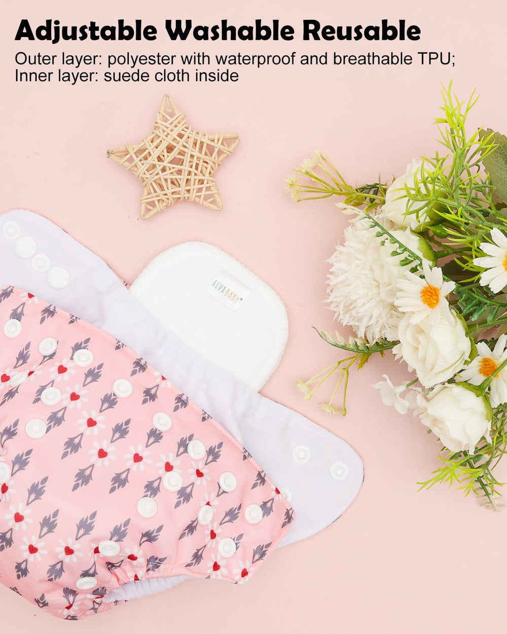 ALVABABY hip and crossover snaps keep the diaper snug and secure.