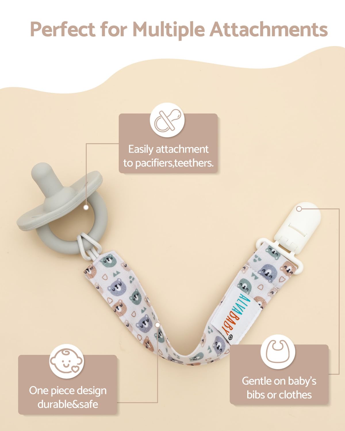 ALVABABY pacifier clip fruit design keeps pacifier within reach.