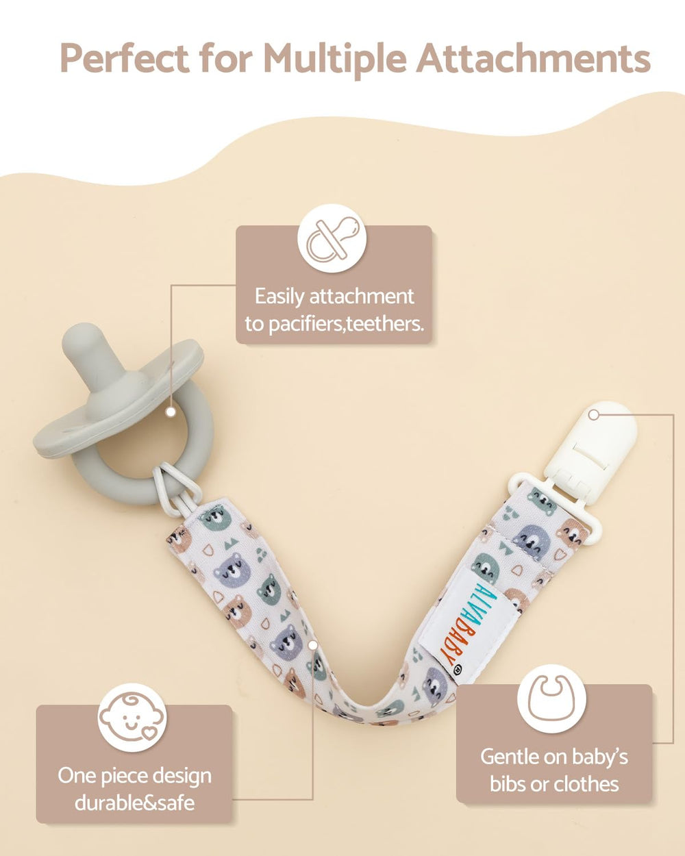 ALVABABY pacifier clip fruit design keeps pacifier within reach.