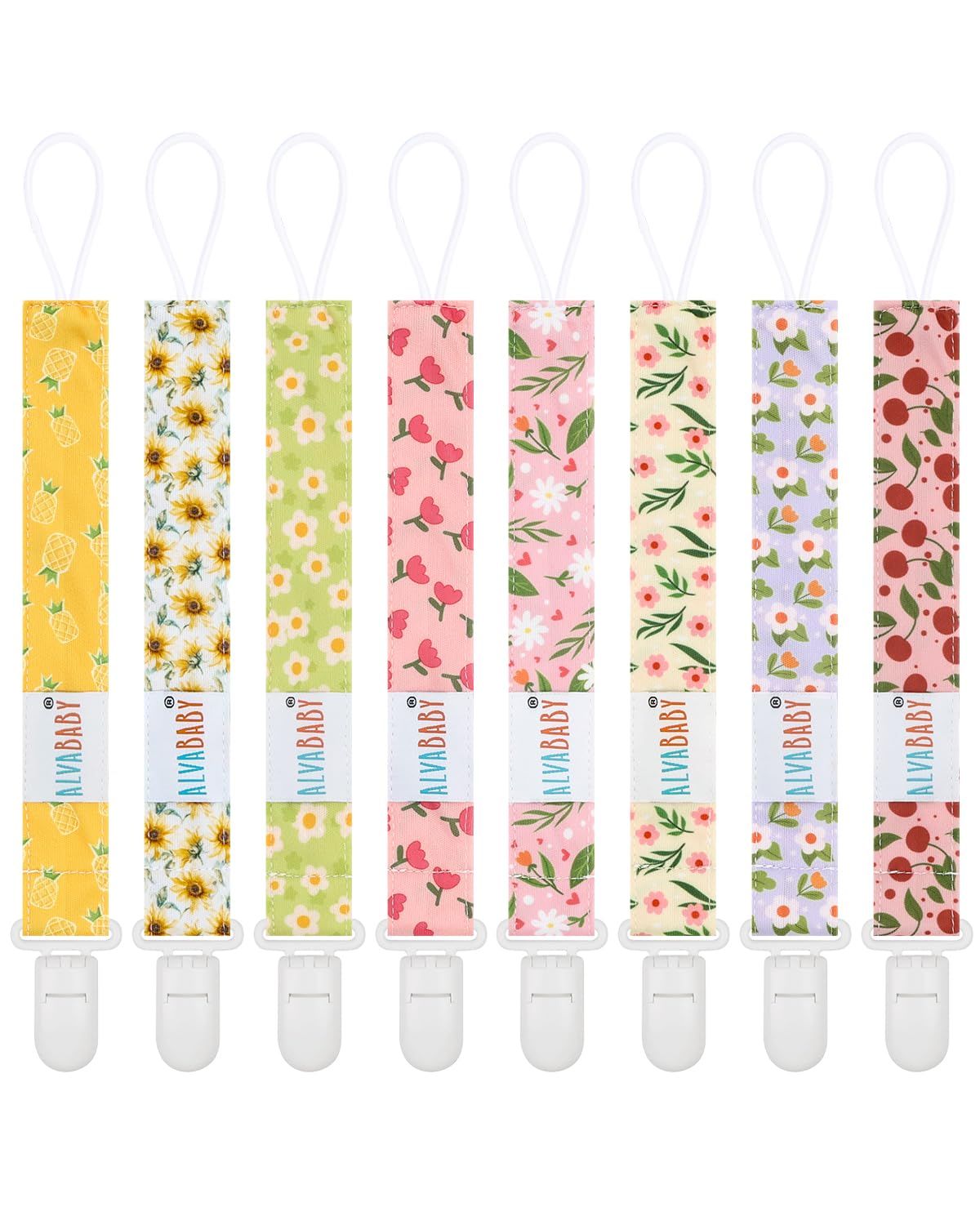 ALVABABY pacifier clips in varied designs keep pacifiers off the ground