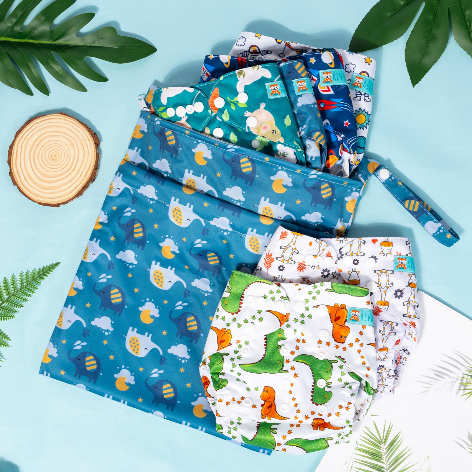 ALVABABY packaging shows six covers and a wet-dry bag for travel.