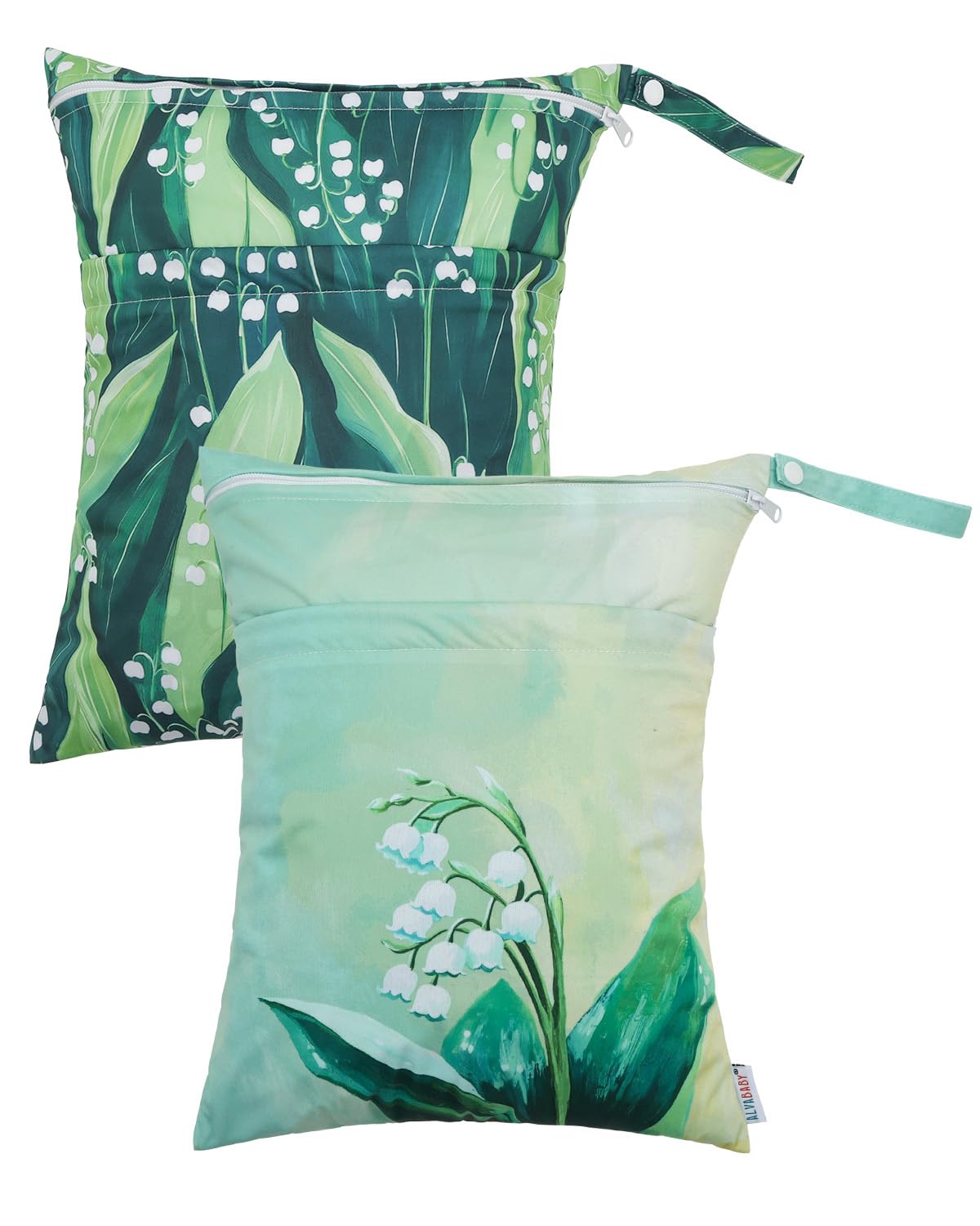 ALVABABY wet dry bag two pocket closeup showing dual compartments for wet and dry items; keeps diapers and swimsuits organized.