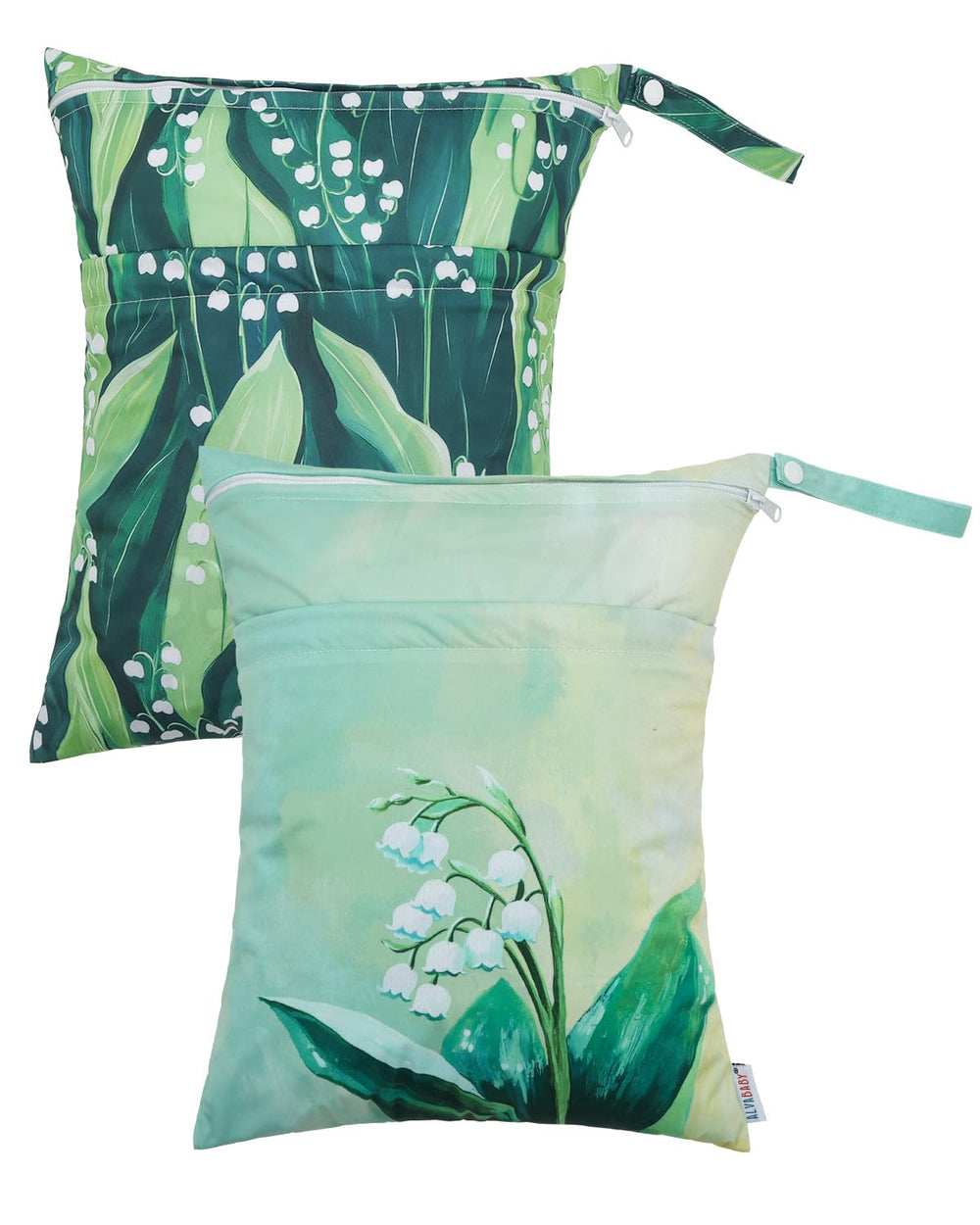 ALVABABY wet dry bag two pocket closeup showing dual compartments for wet and dry items; keeps diapers and swimsuits organized.