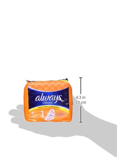 Always Classic Clean Feel Protection 10 Normal pads product packaging and dimensions.