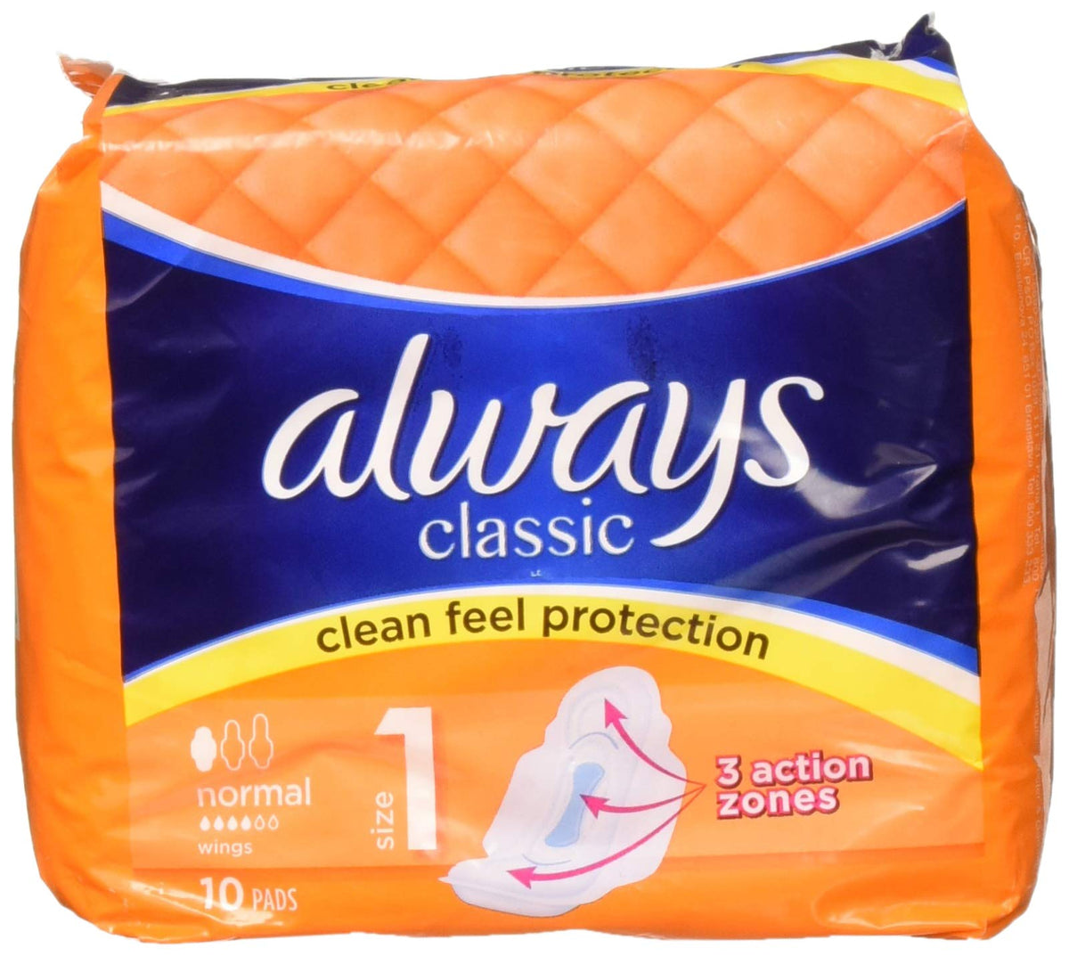 Always Classic Clean Feel Protection 10 Normal pads packaging view for daily comfort.