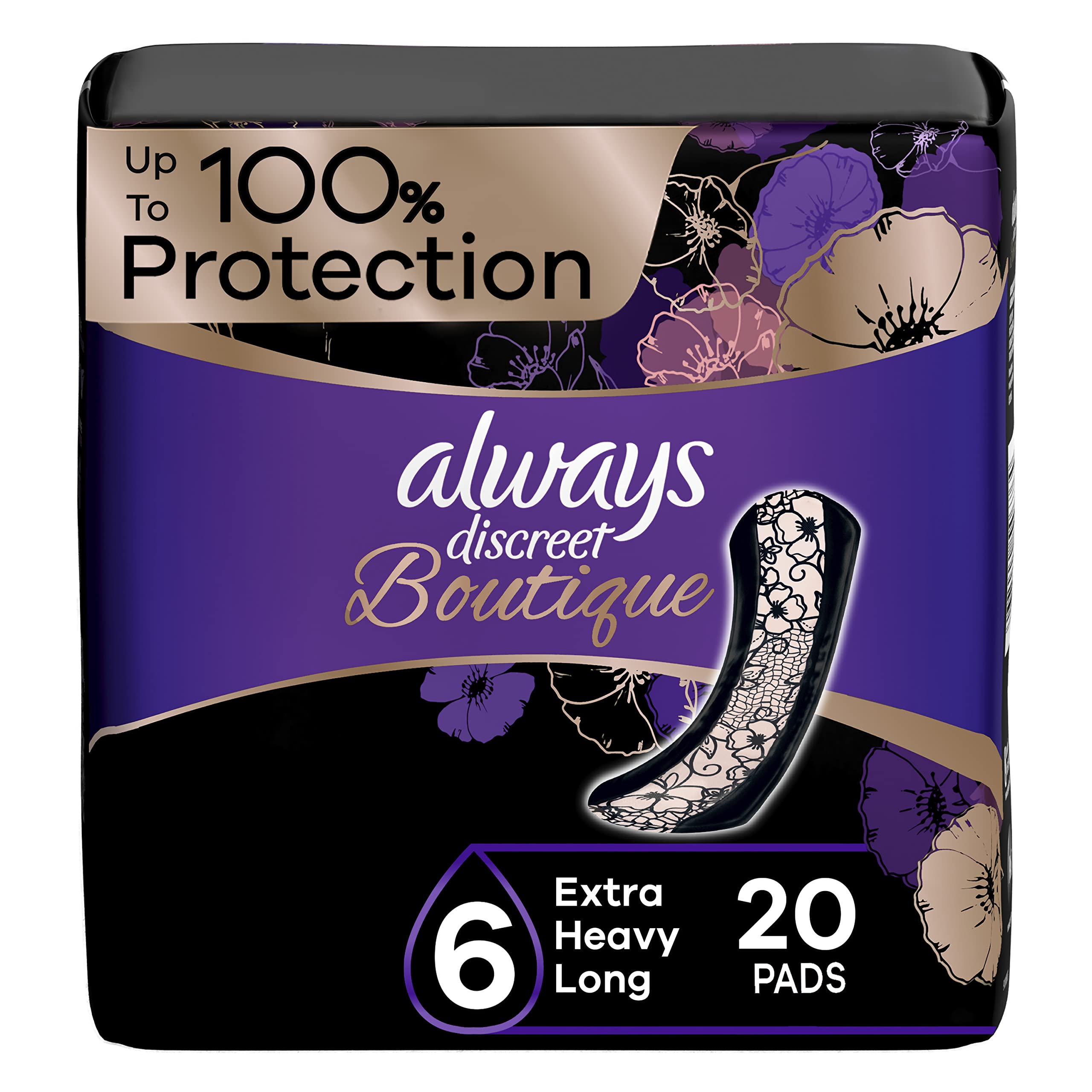 Always Discreet Boutique long 6 packaging for discreet protection on the go.