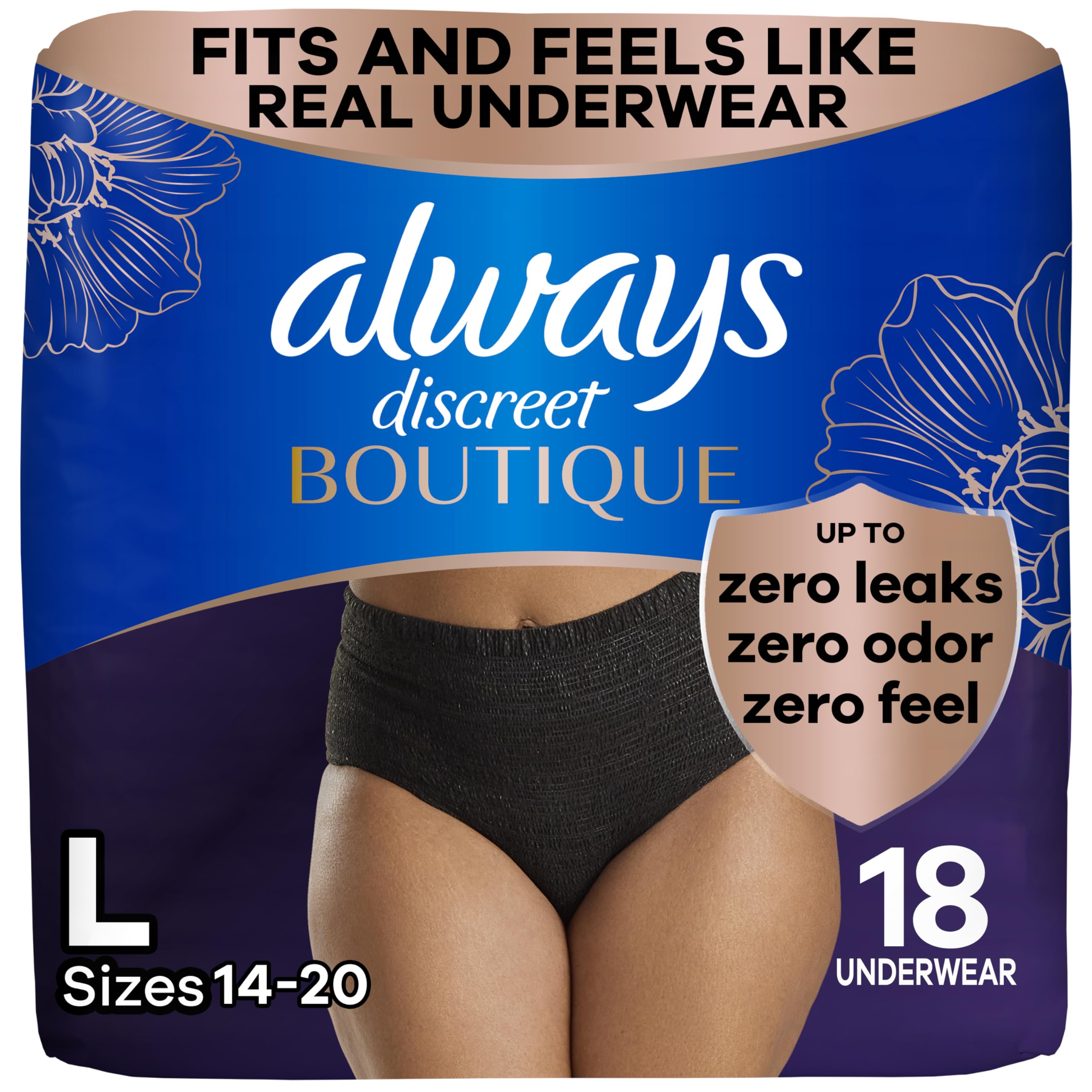Always Discreet Boutique black 18-count pack offers discreet protection resembling real underwear