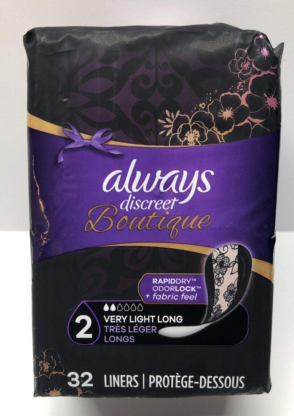 Always Discreet Boutique Very Light Long 32-liners offer discreet protection for light leaks under clothing