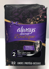 Always Discreet Boutique Very Light Long 32-liners offer discreet protection for light leaks under clothing
