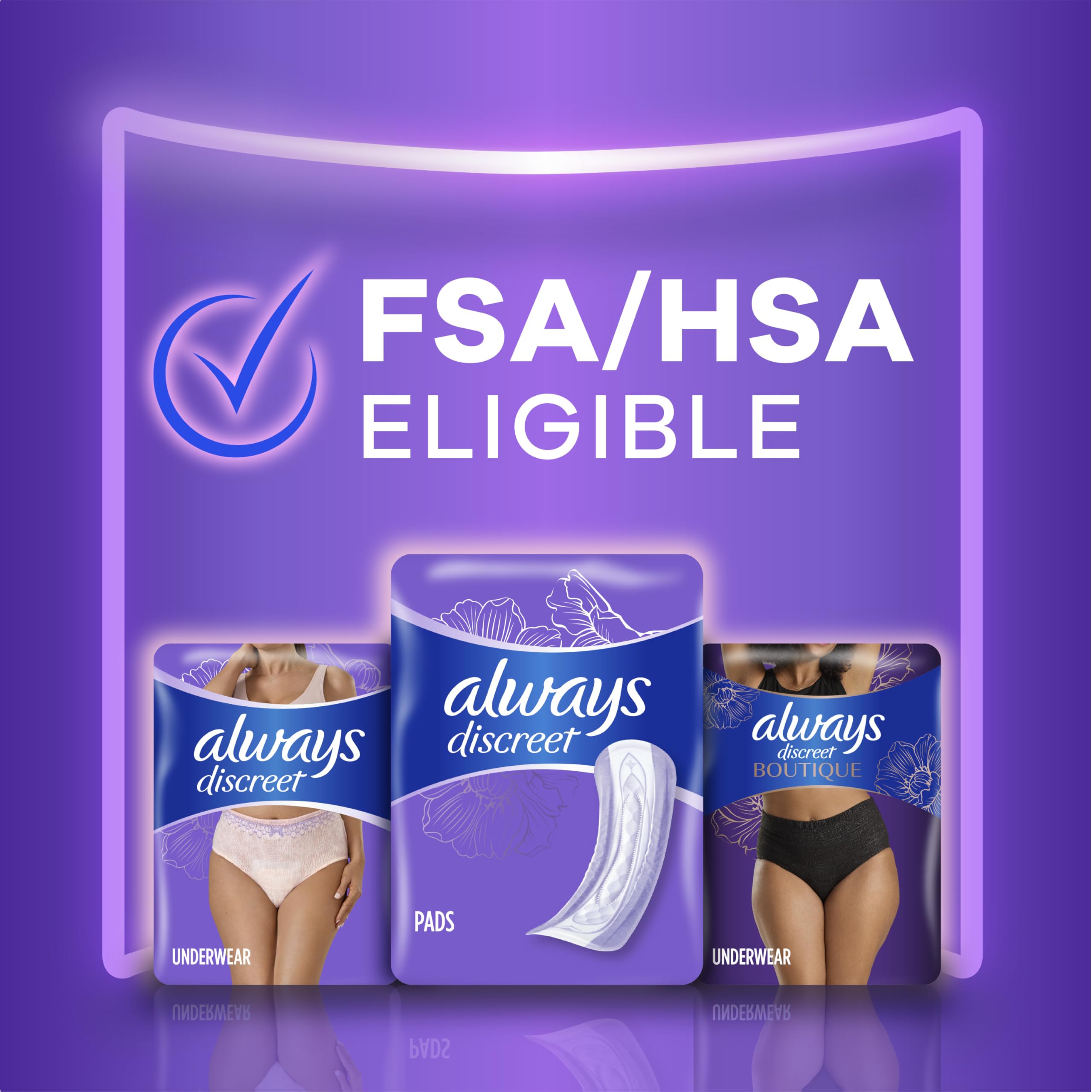 Always Discreet bulk pack option for convenient, bulk ordering.