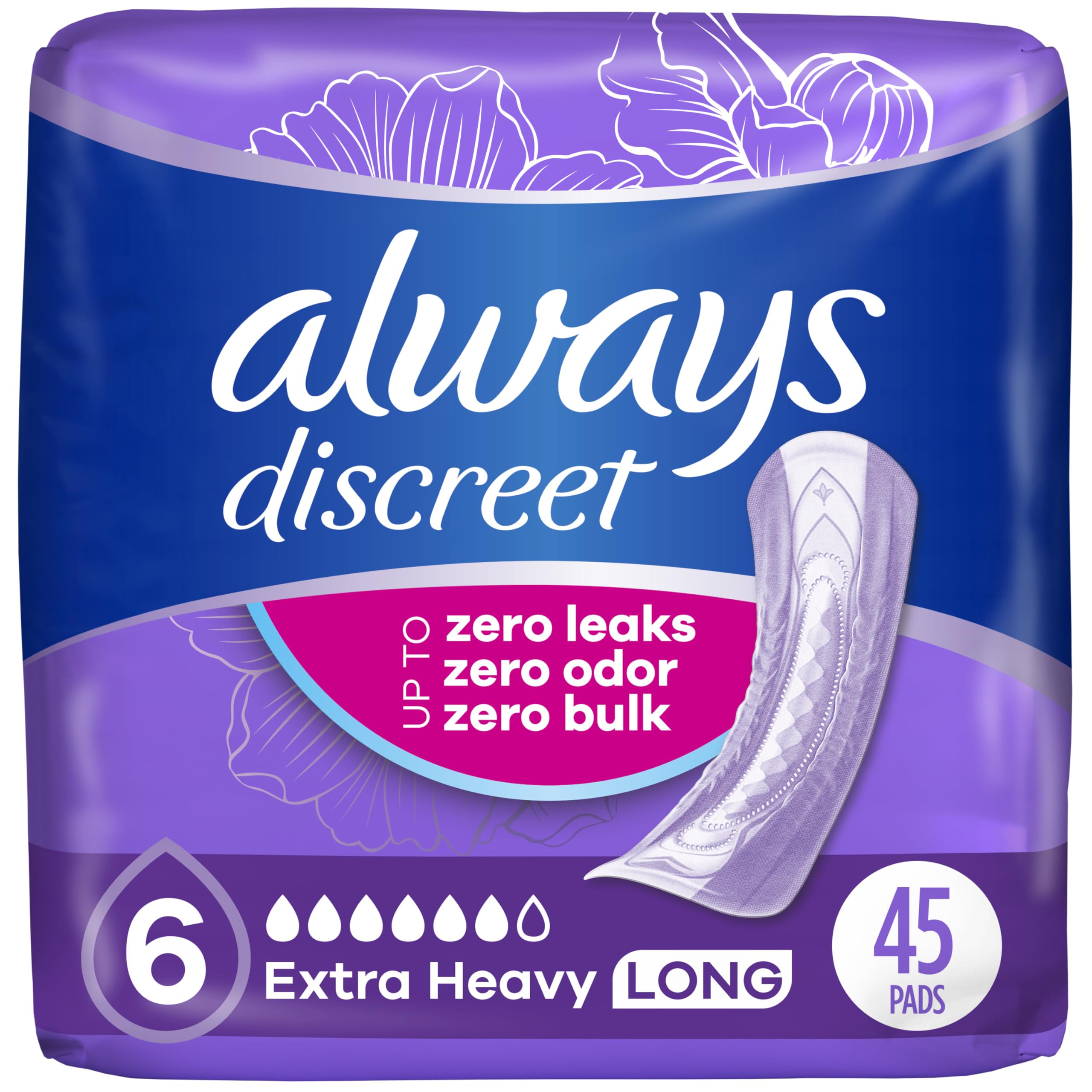 Always Discreet extra-heavy pad center coverage boosts protection against leaks.