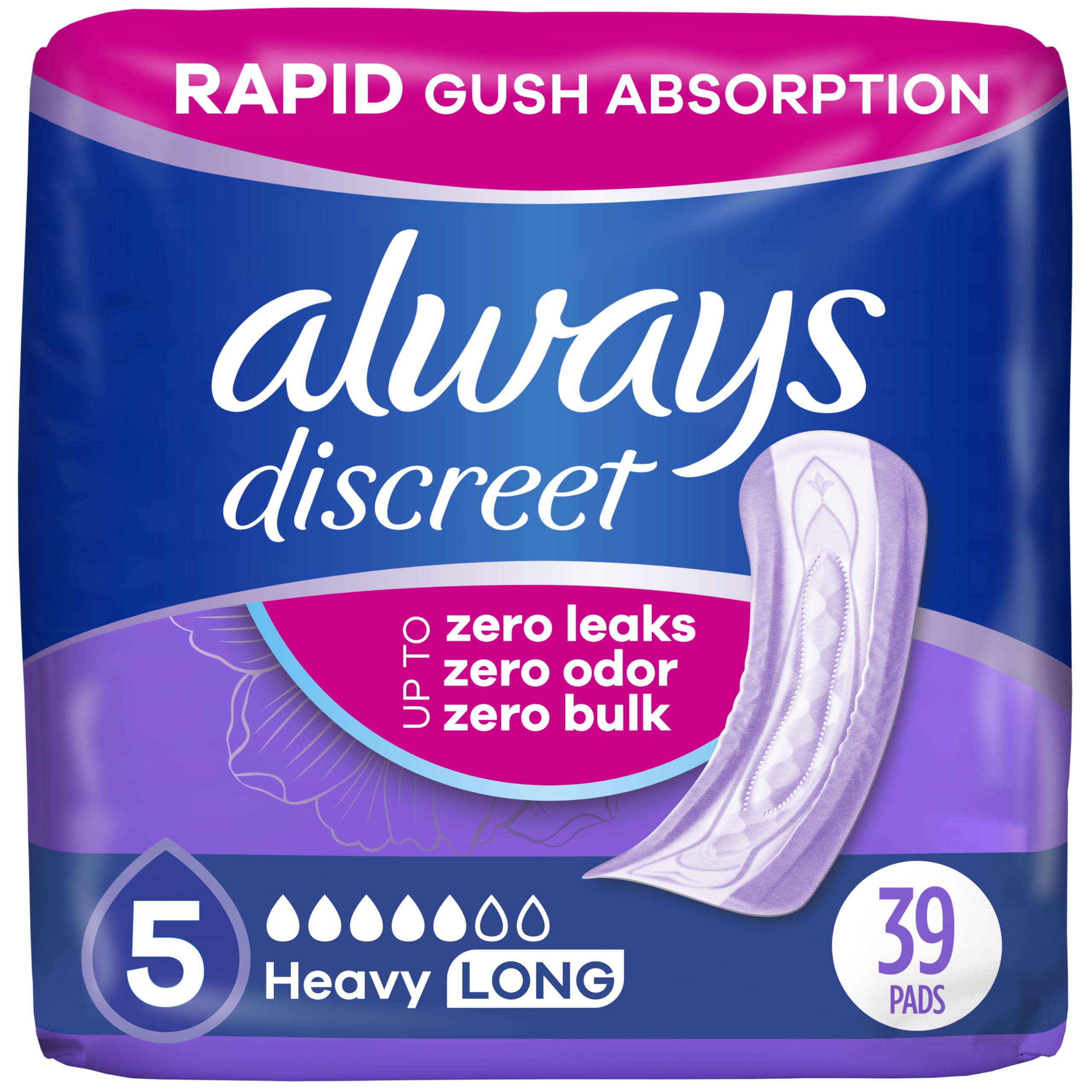 Always Discreet heavy-absorbency pad for women offers reliable protection.