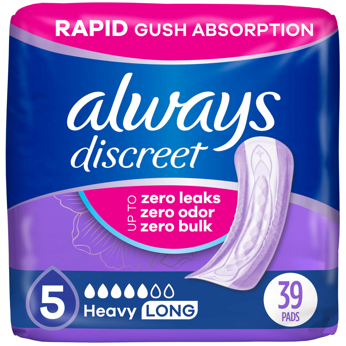 Always Discreet heavy-absorbency pad for women offers reliable protection.
