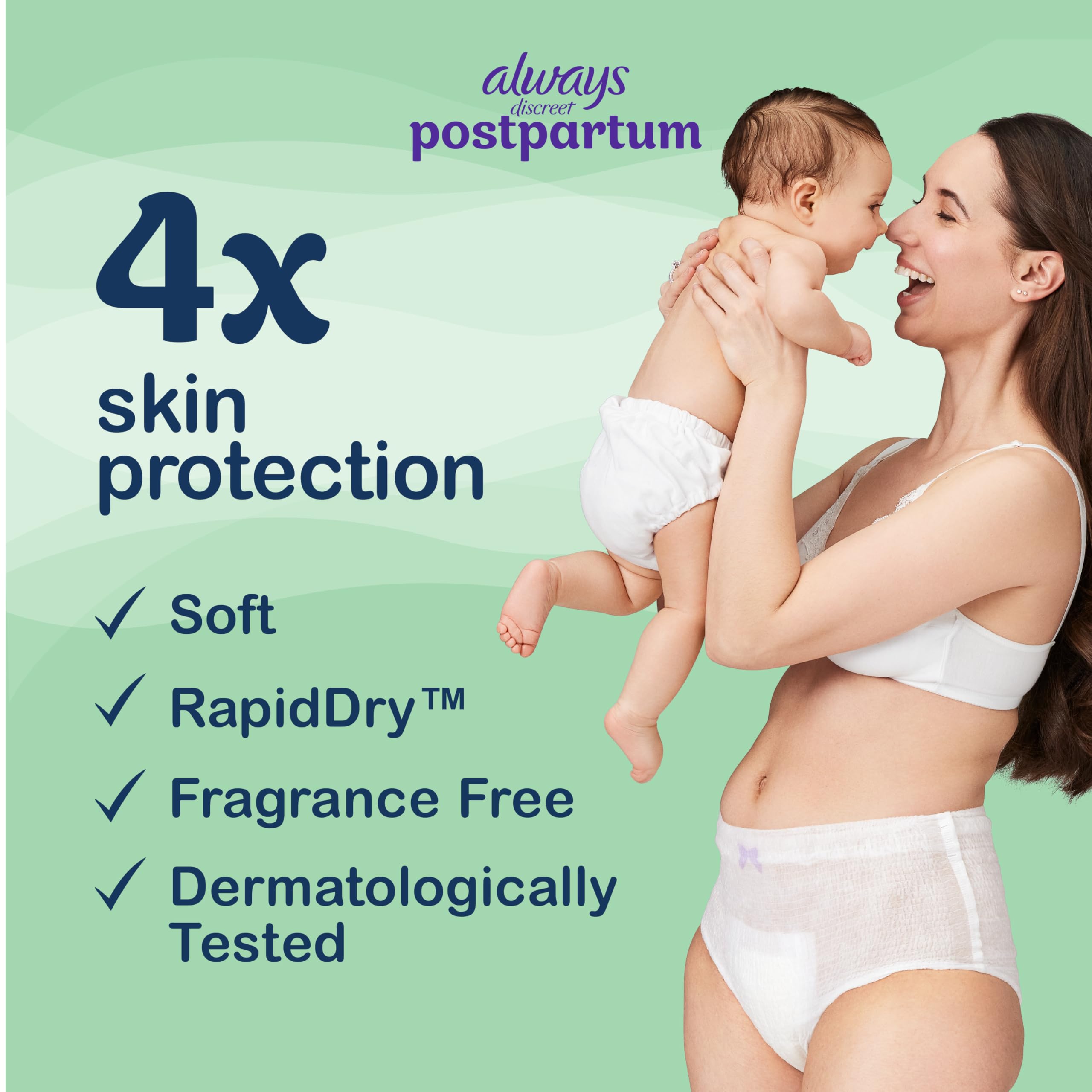 Always Discreet postpartum underwear fragrance-free label promotes skin comfort.