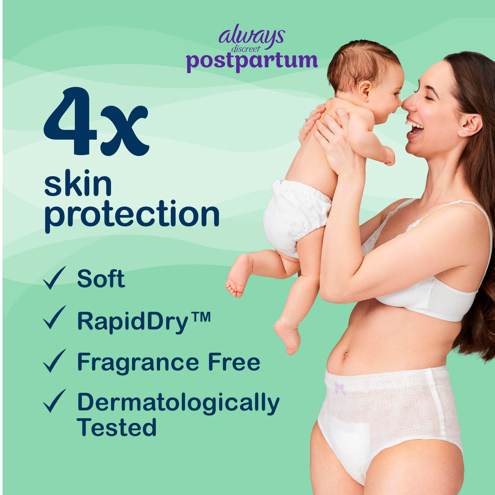 Always Discreet postpartum underwear fragrance-free label promotes skin comfort.