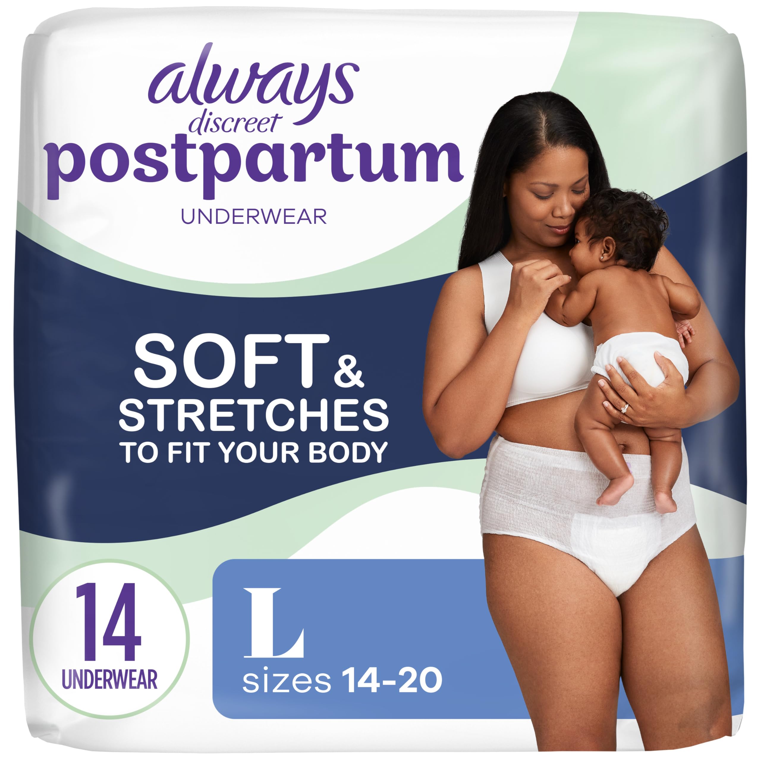 Always Discreet postpartum underwear packaging shows discreet shipping and bulk options.
