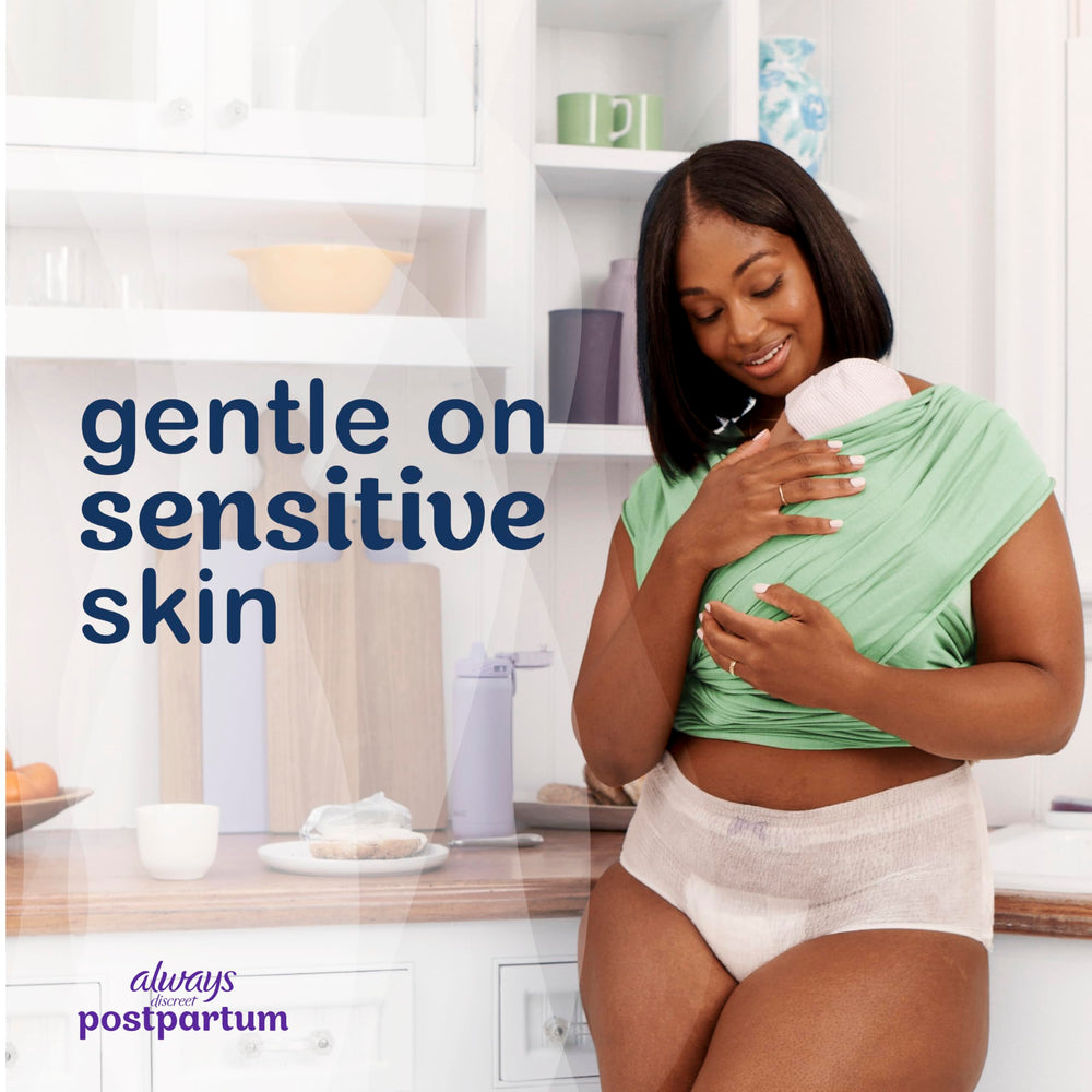 Always Discreet postpartum underwear size range 2-26W displayed for selection.