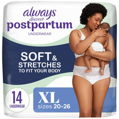 Always Discreet postpartum underwear with absorbent core offers gel-form leak protection.