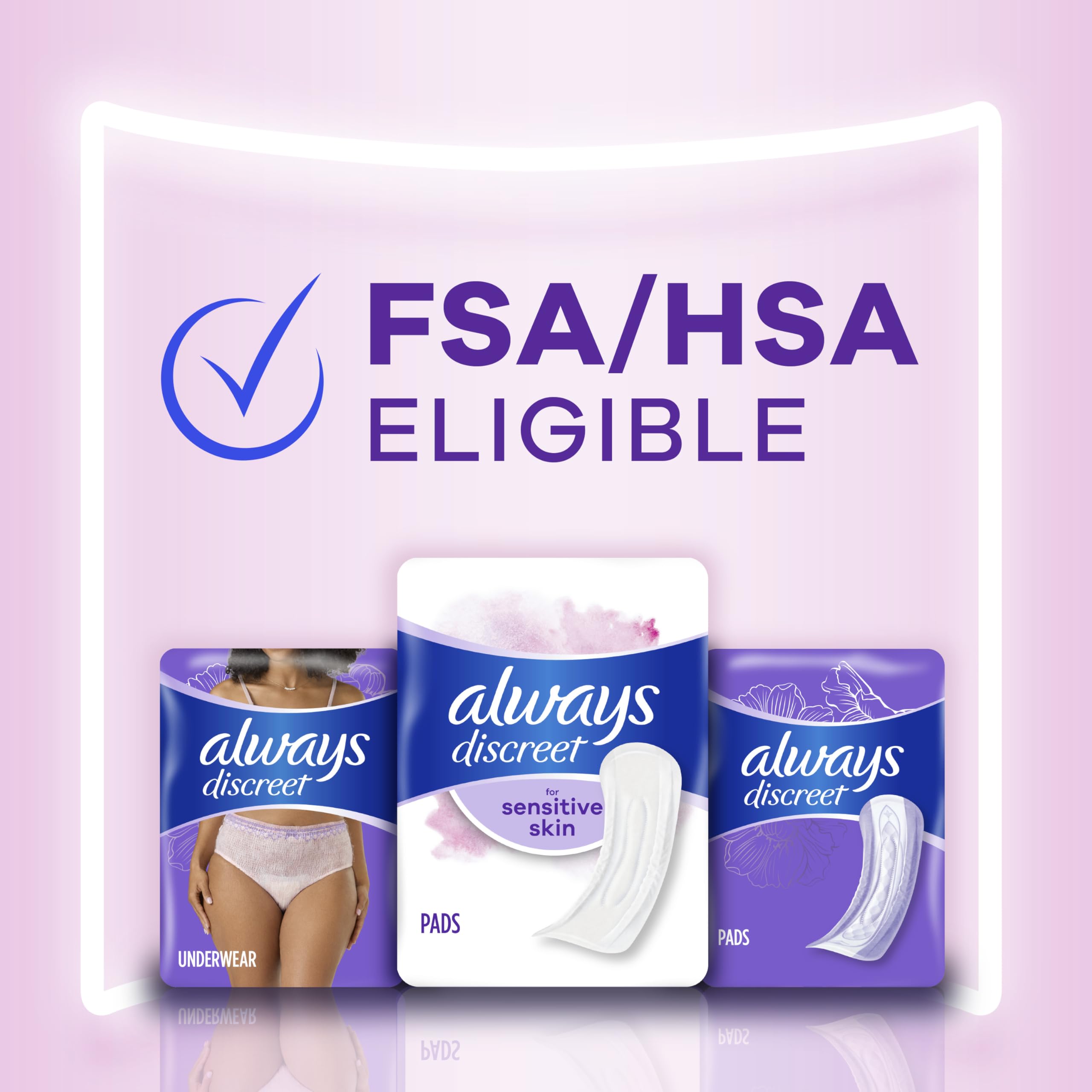 Always Discreet Sensitive pads dermatologically tested ideal for sensitive skin.