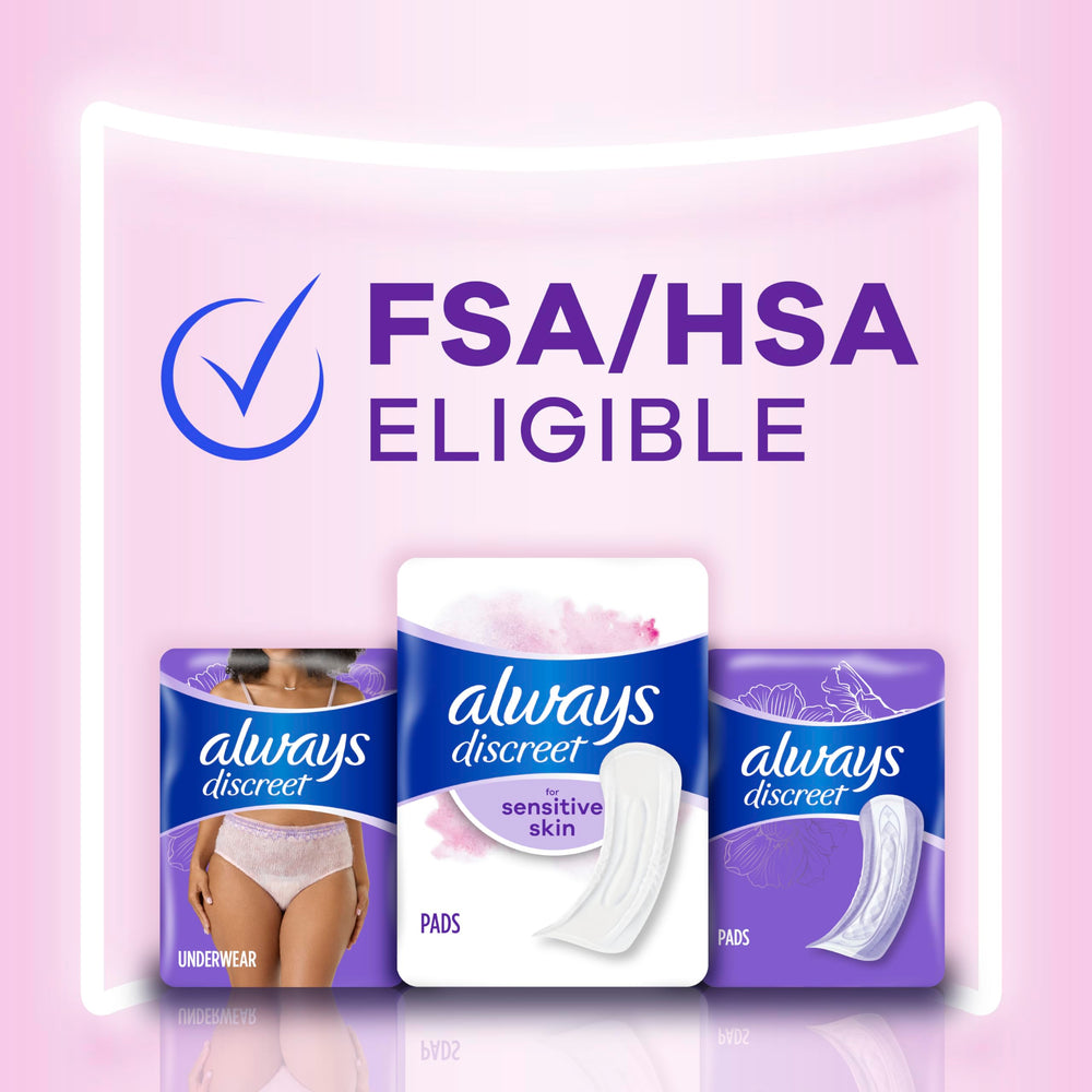 Always Discreet Sensitive pads dermatologically tested ideal for sensitive skin.
