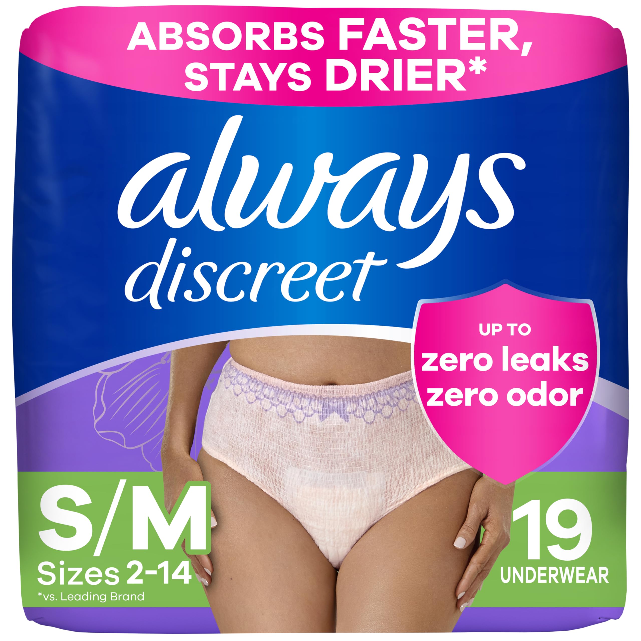 Always Discreet underwear front view with a slim, discreet fit.