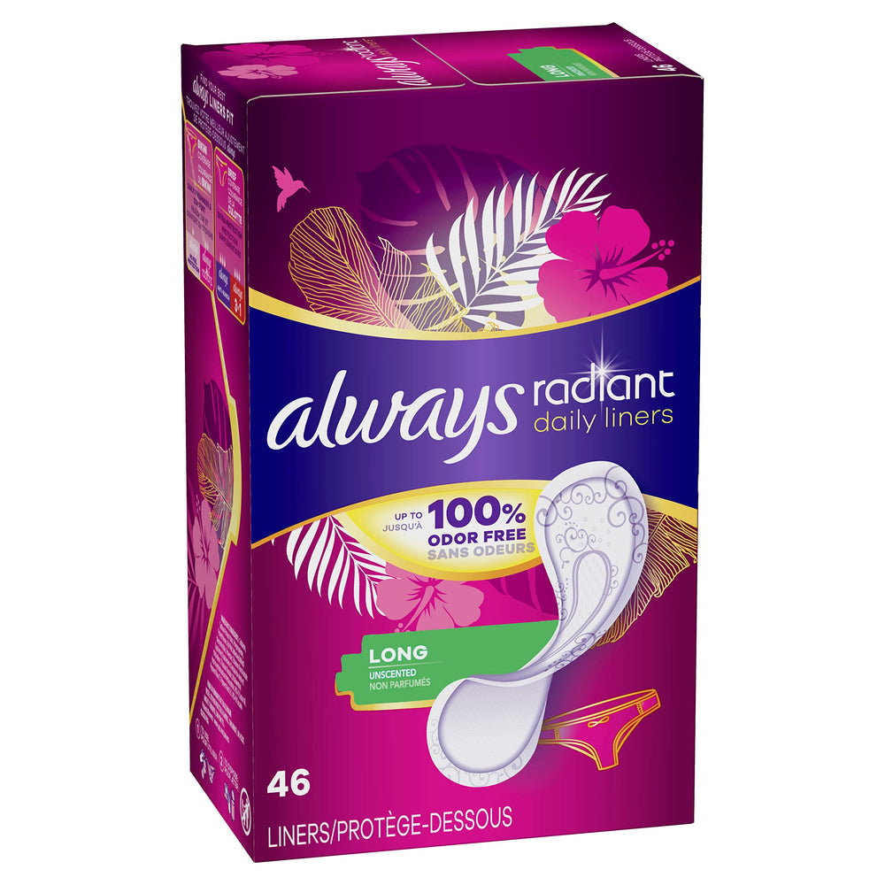 Always Radiant Daily Liners Long showing bikini coverage for discreet wear