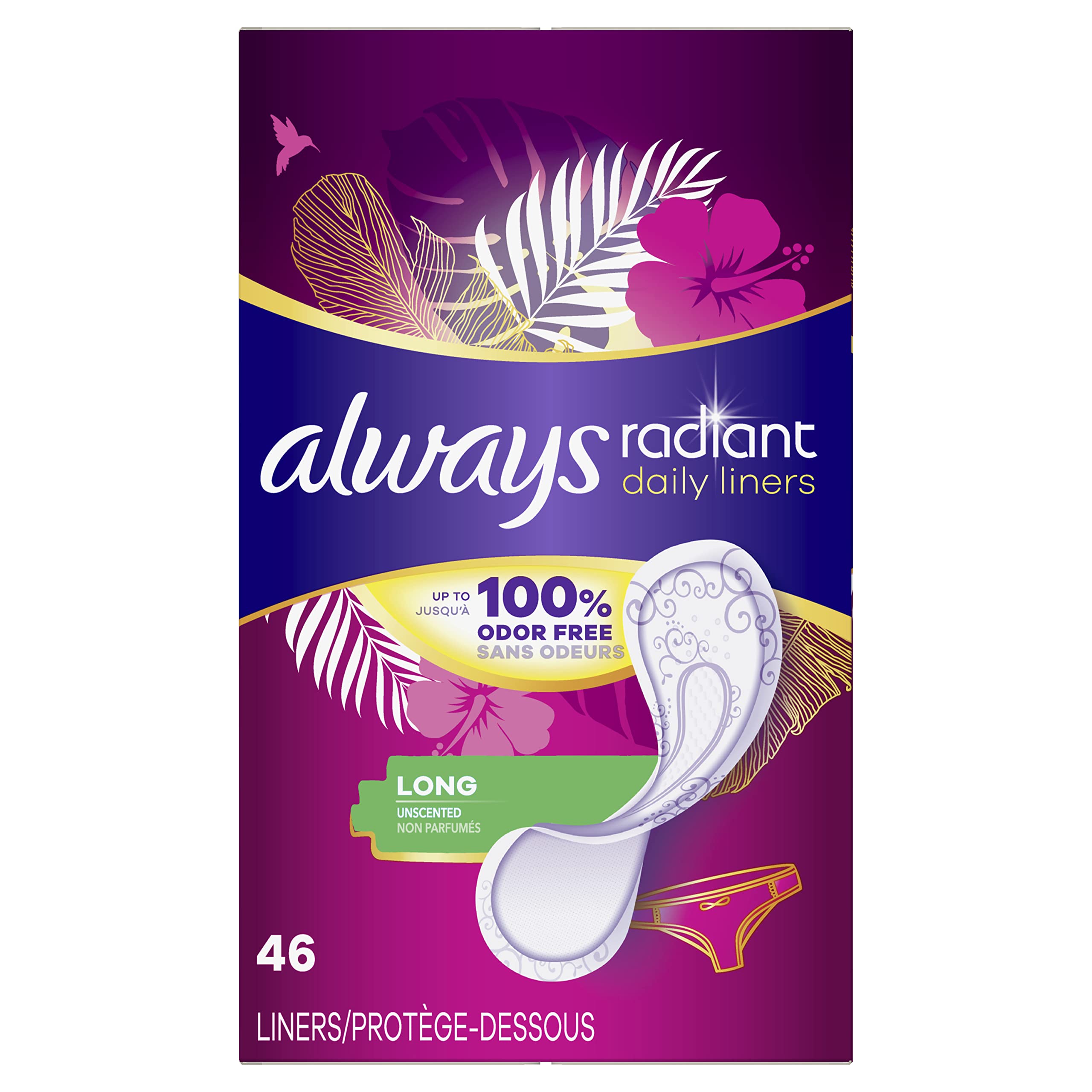 Always Radiant Daily Liners Long packaging for on-the-go odor protection