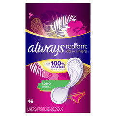 Always Radiant Daily Liners Long packaging for on-the-go odor protection