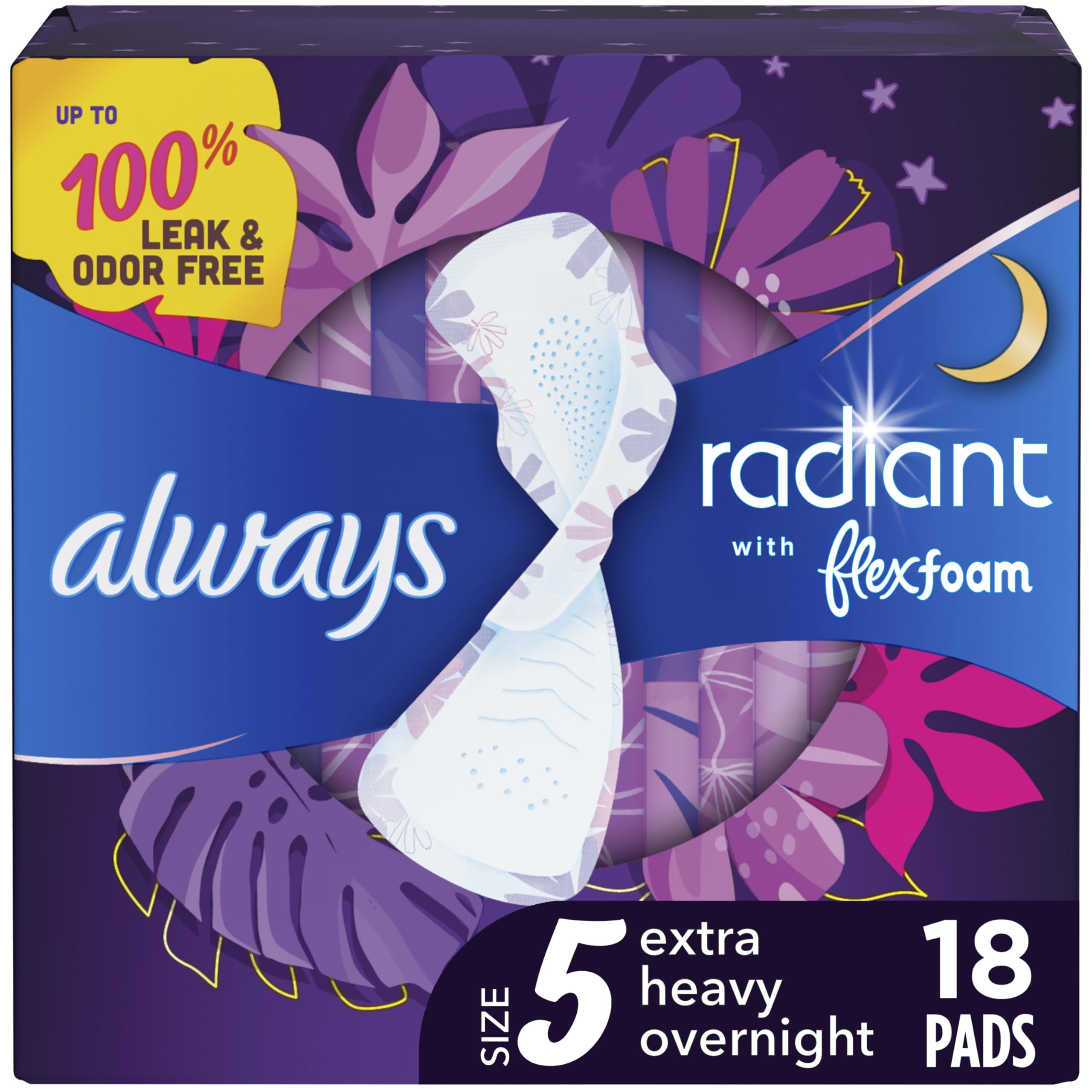 Always Radiant FlexFoam pad packaging highlights scent and overnight protection.