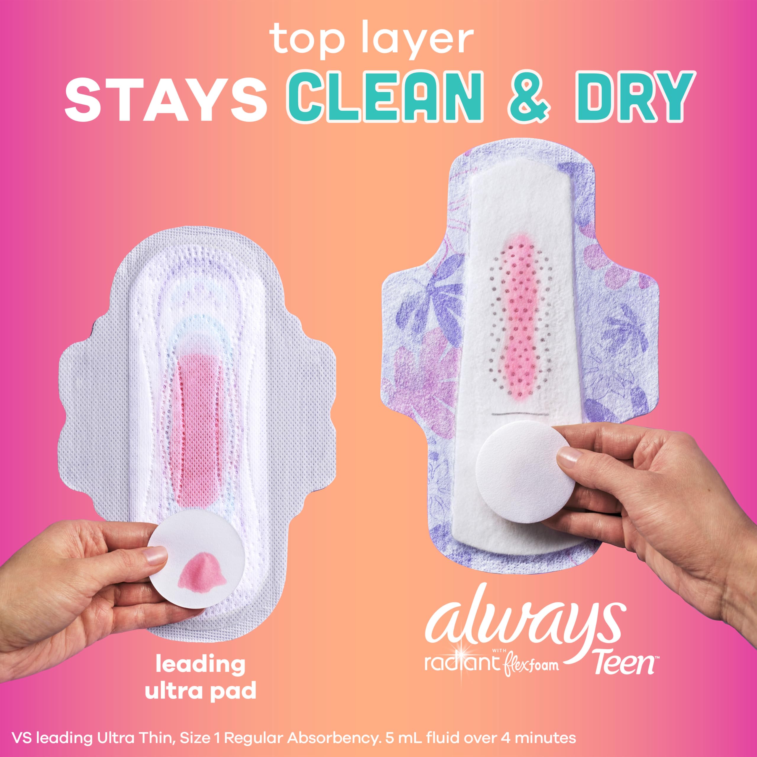 Always Radiant Teen Pad Wings—secure wings stay in place during movement.