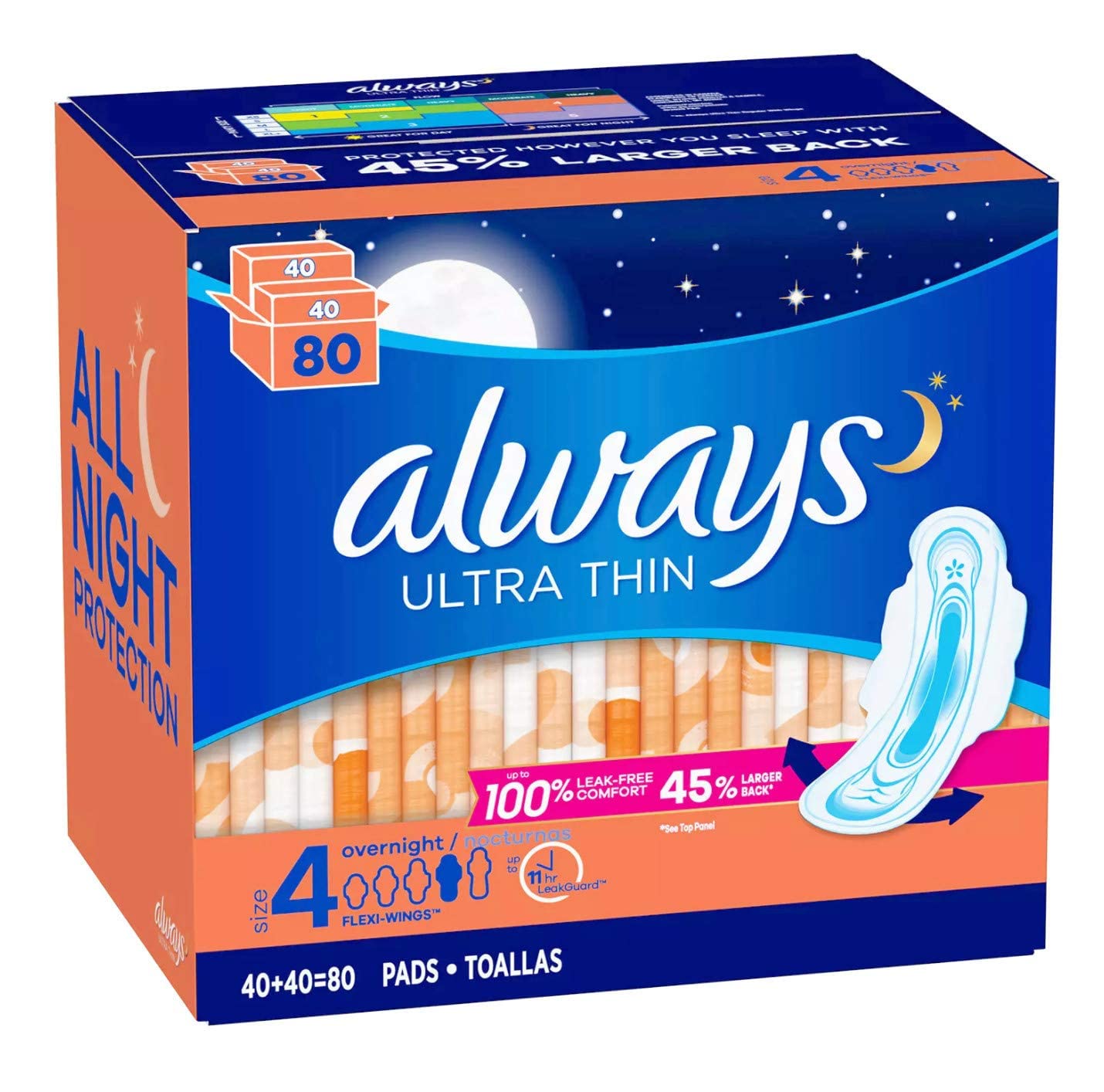 Always unscented overnight pad with wings offers flexible, comfortable fit