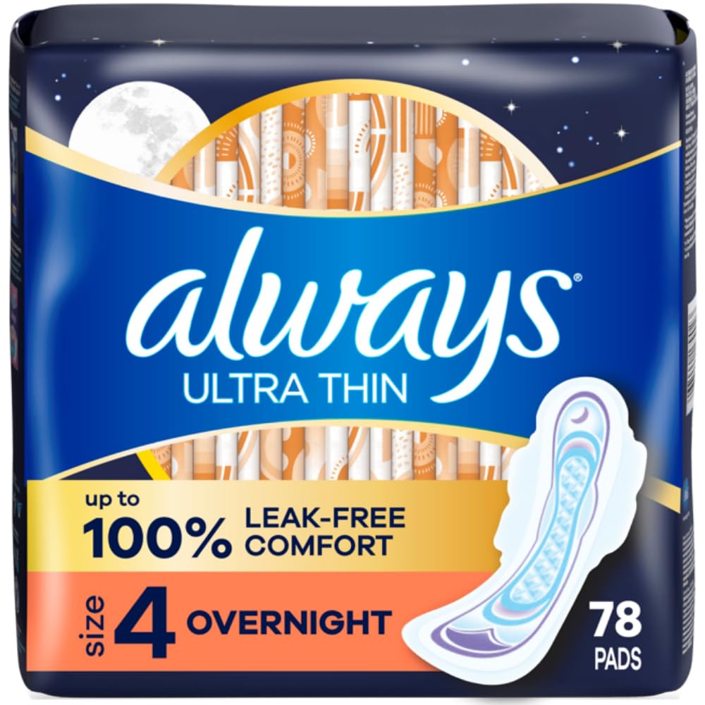 Always Ultra Thin Overnight Pads with Wings packaging showing three-pack display for overnight protection