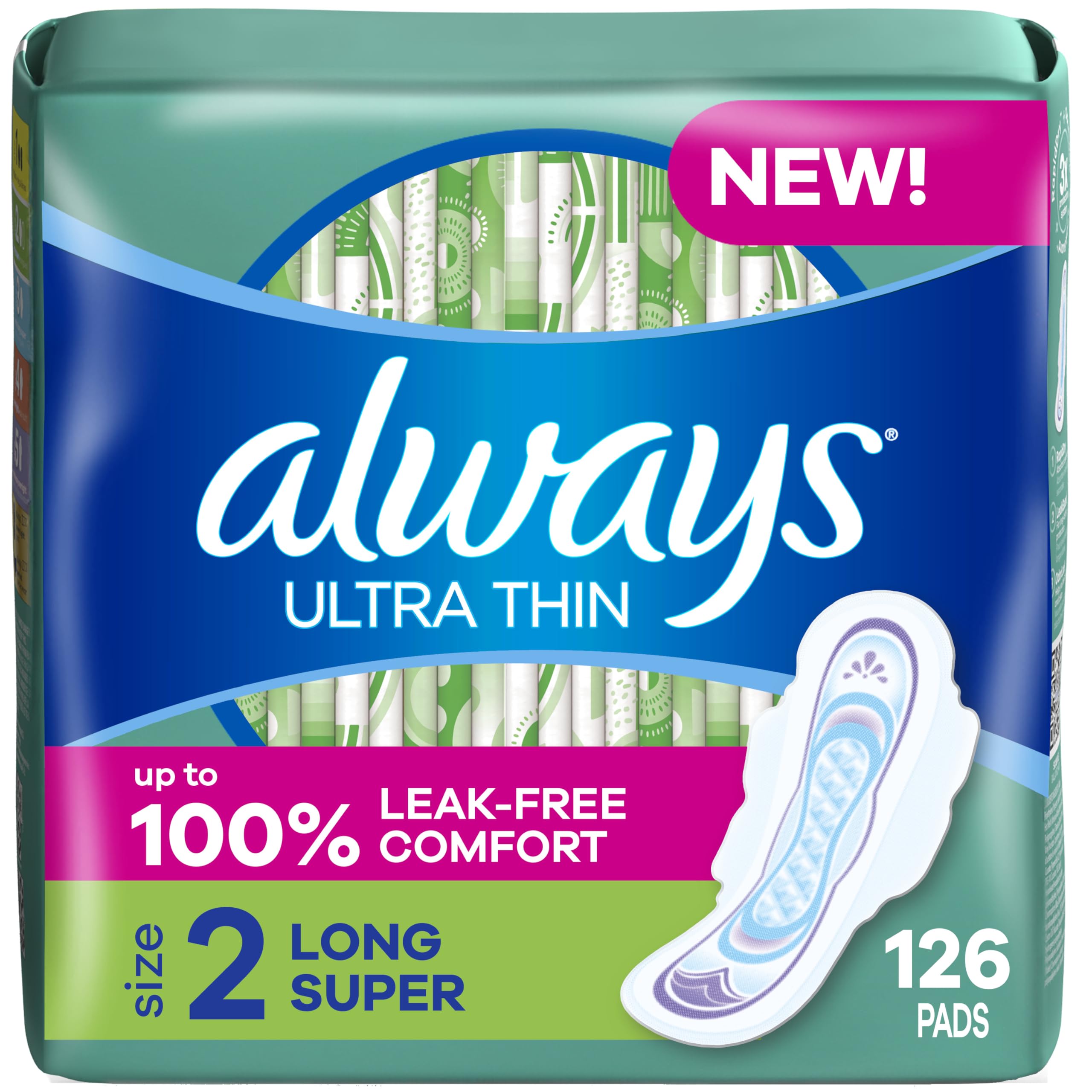 Always Ultra Thin Pads with Wings Size 2 Long Super packaging highlights eco-conscious design.