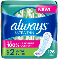 Always Ultra Thin Pads with Wings Size 2 Long Super packaging highlights eco-conscious design.