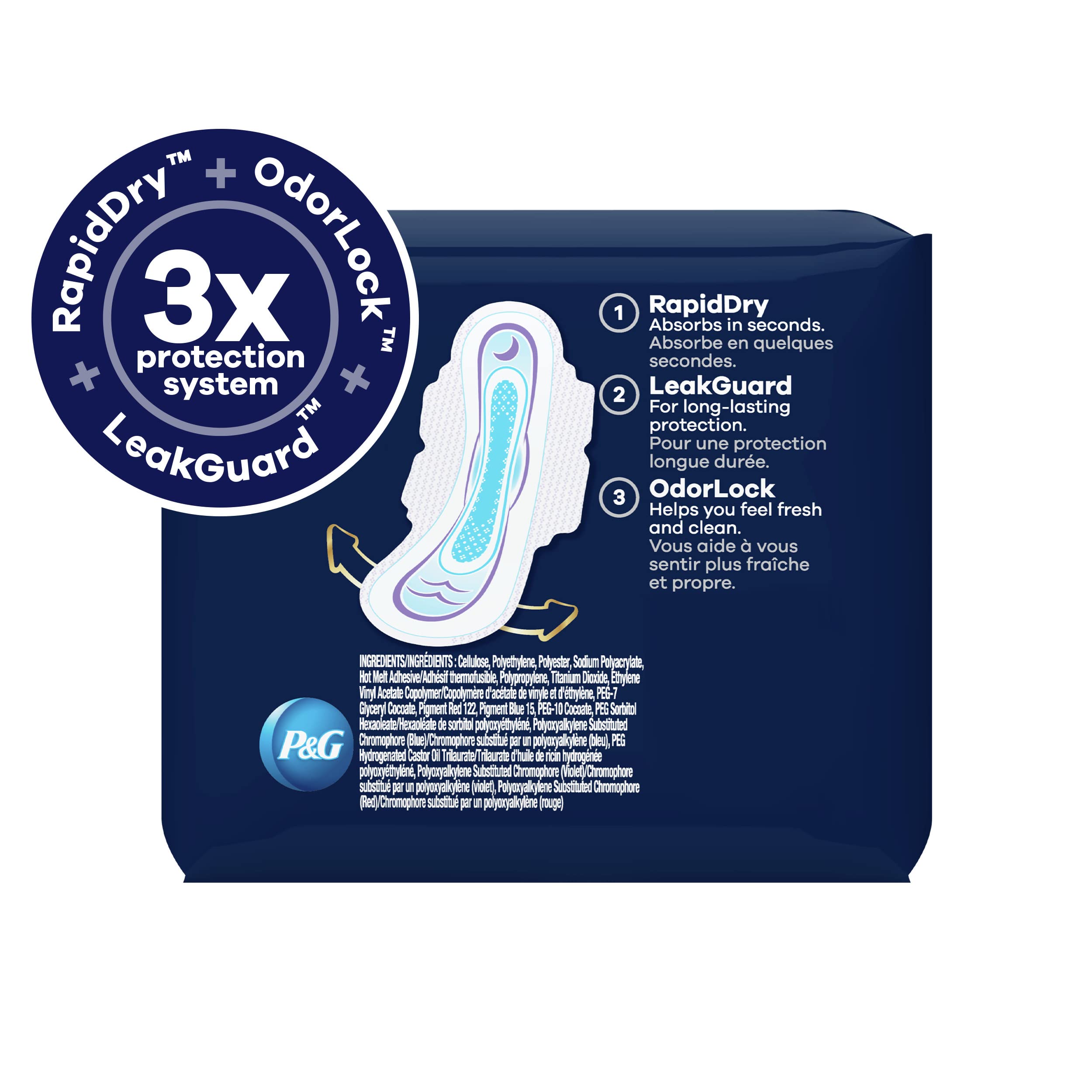 Always Ultra Thin Size 5 pad with wings back-coverage for night-time leakage prevention.