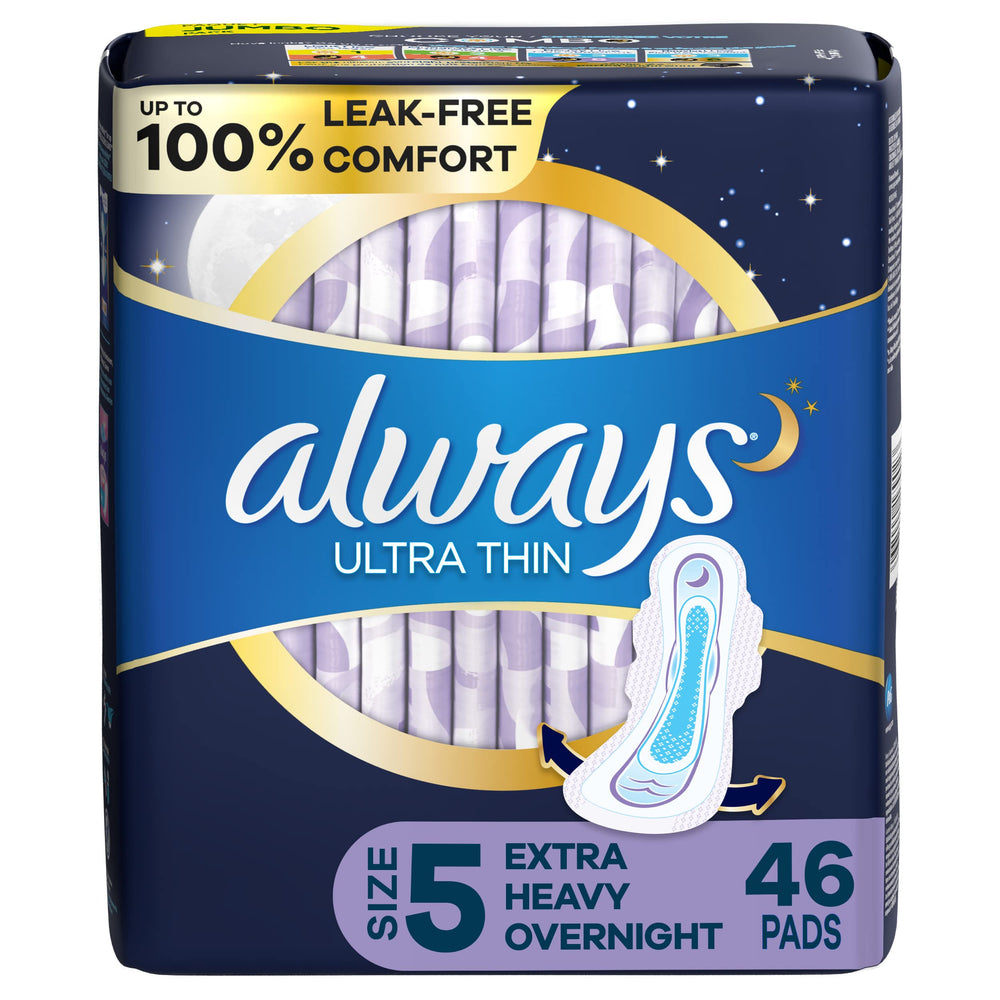 Always Ultra Thin Size 5 overnight pad with wings provides full protection for overnight use.