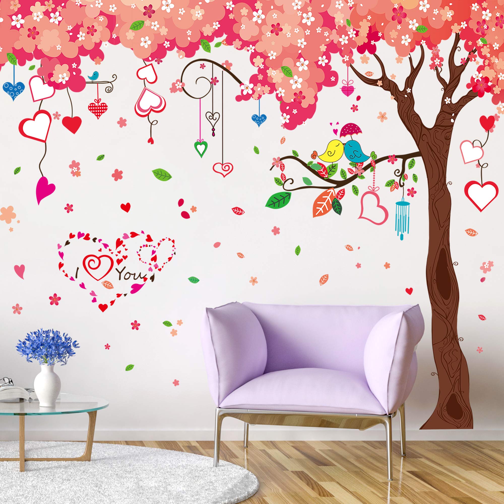 AM AMAONM pink cherry tree heart wall sticker provides removable art without mess.