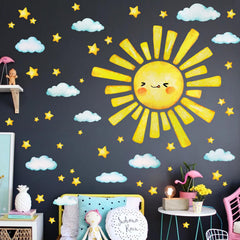 AM AMAONM cartoon sun panel with stars and clouds brightens kids' room.