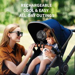 AMACOOL fan attached to a car seat for sleepy newborn comfort.