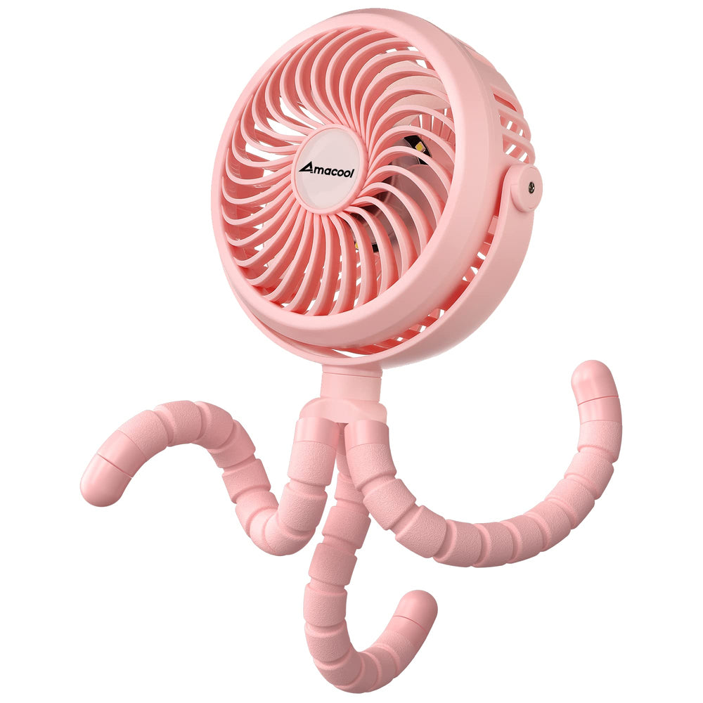 AMACOOL clip-on stroller fan secures to a stroller for portable cooling