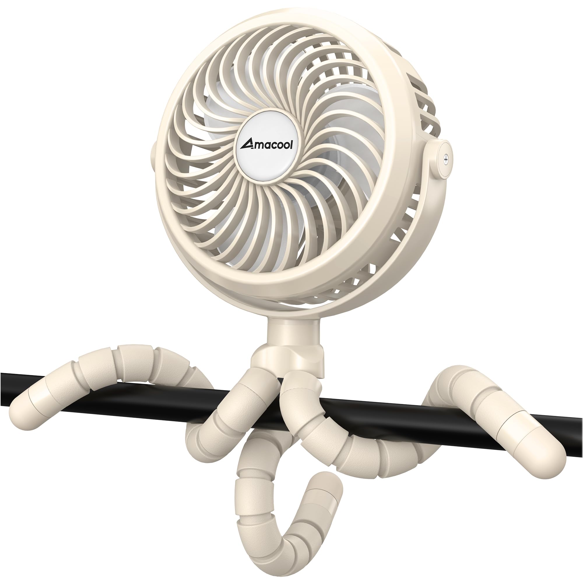 AMACOOL battery-operated stroller fan clipped securely to a stroller for cooling on the go
